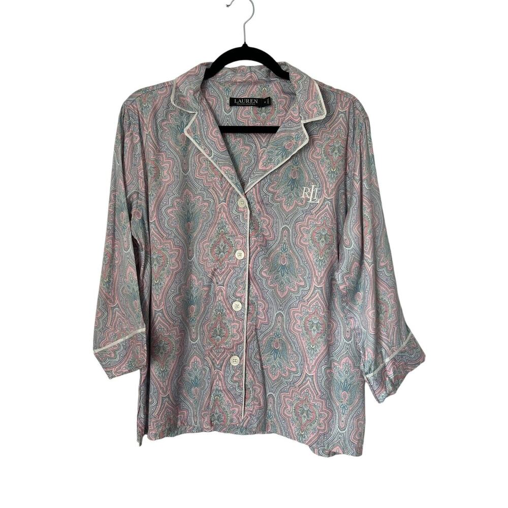 Lauren Ralph Lauren Pajama Sleepshirt‎ SZ M Sateen 3/4 Sleeve Pink Paisley Notch